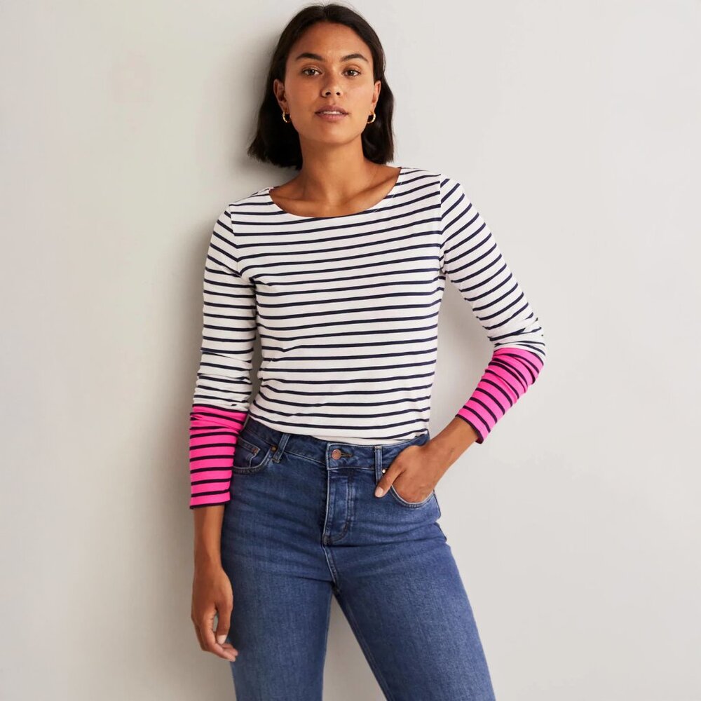 Boden Navy and White Striped Long Sleeve Tee with Pink Cuff
